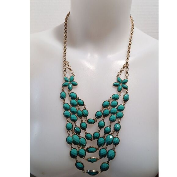 Bold Turquoise Colored Statement Necklace with Gold-toned Chain and Floral - Picture 10 of 12